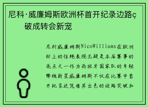 尼科·威廉姆斯欧洲杯首开纪录边路爆破成转会新宠 尼科·威廉姆斯欧洲杯首开纪录边路爆破成转会新宠
