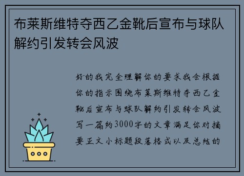 布莱斯维特夺西乙金靴后宣布与球队解约引发转会风波 布莱斯维特夺西乙金靴后宣布与球队解约引发转会风波