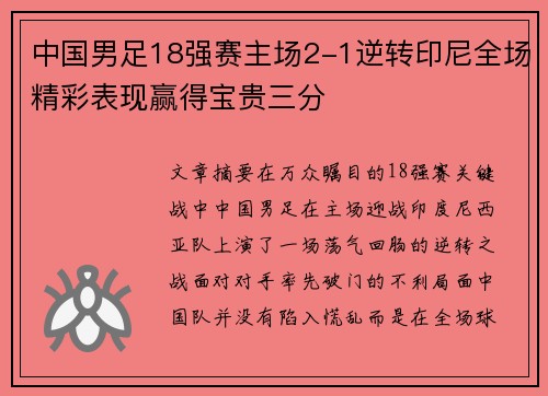 中国男足18强赛主场2-1逆转印尼全场精彩表现赢得宝贵三分 中国男足18强赛主场2-1逆转印尼全场精彩表现赢得宝贵三分