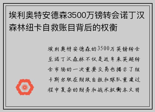 埃利奥特安德森3500万镑转会诺丁汉森林纽卡自救账目背后的权衡 埃利奥特安德森3500万镑转会诺丁汉森林纽卡自救账目背后的权衡