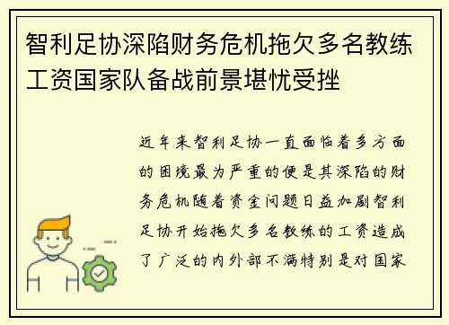 智利足协深陷财务危机拖欠多名教练工资国家队备战前景堪忧受挫